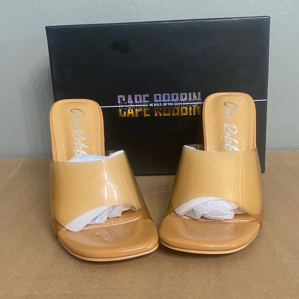 Cape‎ Robbin Beige Clear Block Heel Mules Square Toe Glitter Strap Sandals 5.5